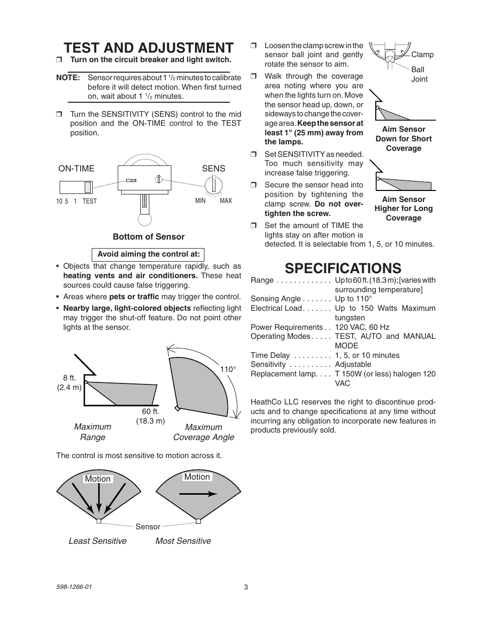 Specifications, Test and adjustment | Heath Zenith SL-5511 User Manual | Page 3 / 12