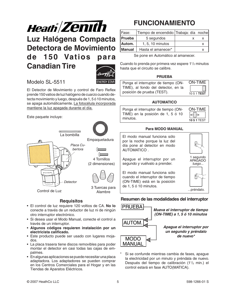 Funcionamiento, Modelo sl-5511, Prueba autom. modo manual | Heath Zenith SL-5511 User Manual | Page 5 / 12