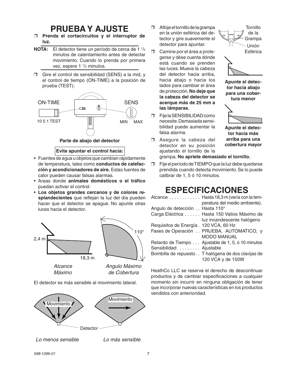 Especificaciones, Prueba y ajuste | Heath Zenith SL-5511 User Manual | Page 7 / 12