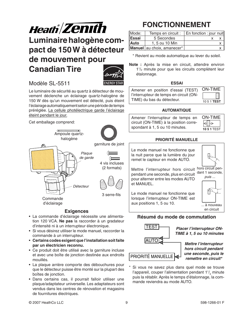 Fonctionnement, Modèle sl-5511 | Heath Zenith SL-5511 User Manual | Page 9 / 12