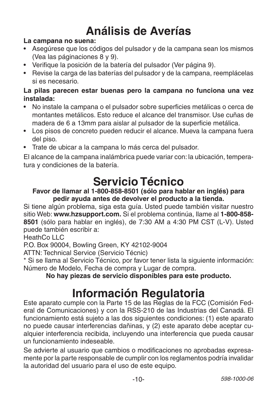 Análisis de averías, Servicio técnico, Información regulatoria | Heath Zenith SL-6250 User Manual | Page 10 / 20