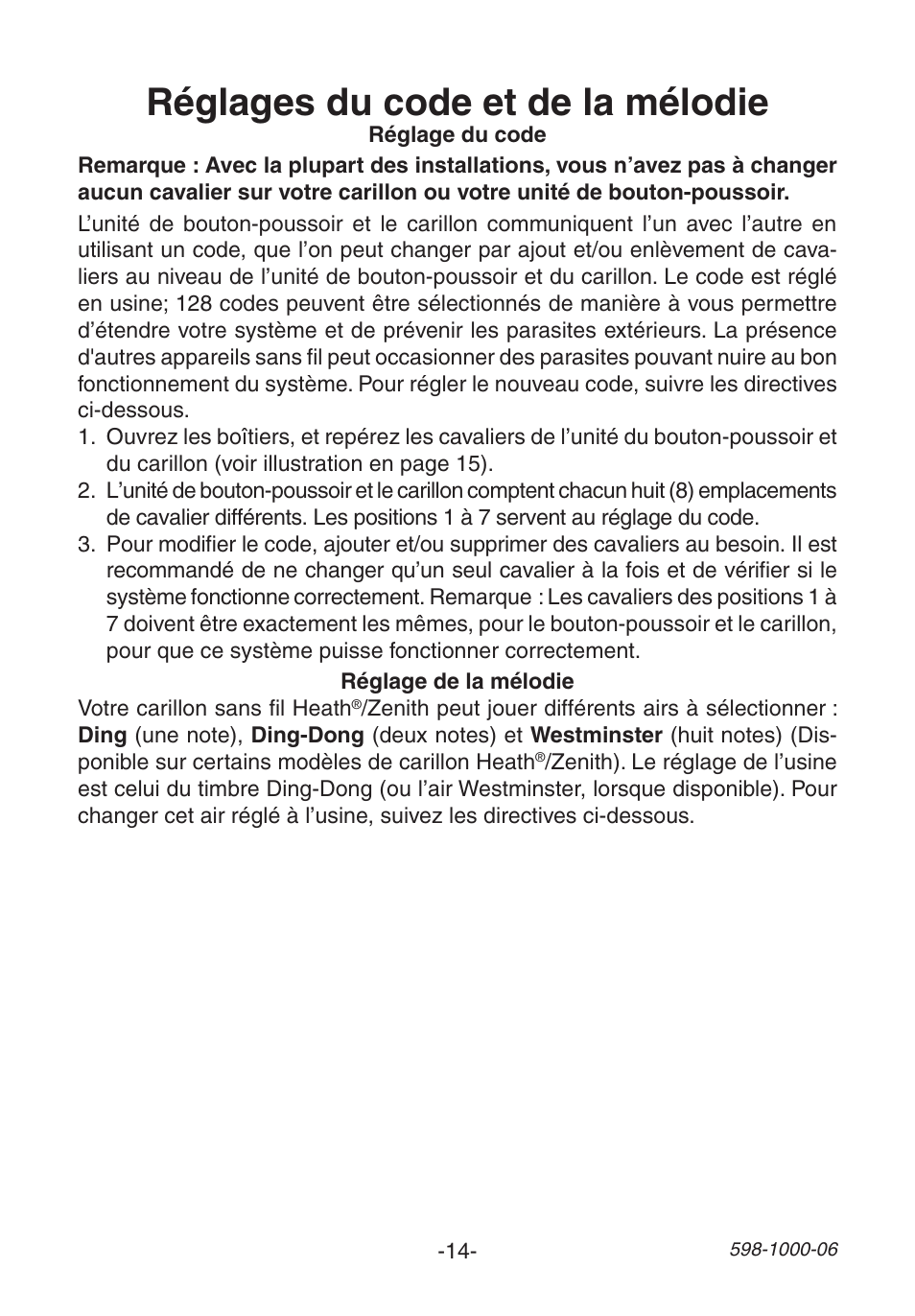 Réglages du code et de la mélodie | Heath Zenith SL-6250 User Manual | Page 14 / 20