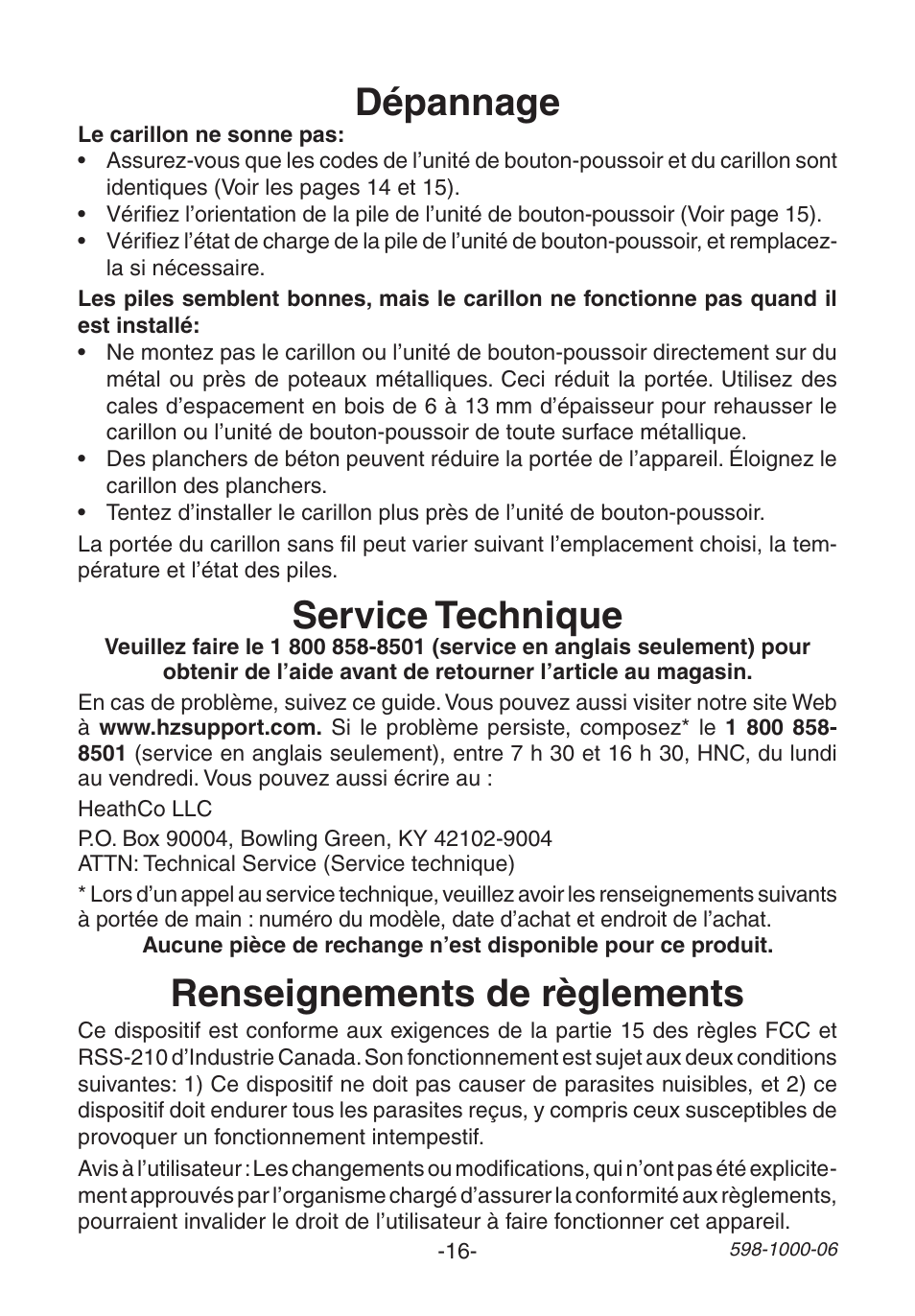 Dépannage, Service technique, Renseignements de règlements | Heath Zenith SL-6250 User Manual | Page 16 / 20