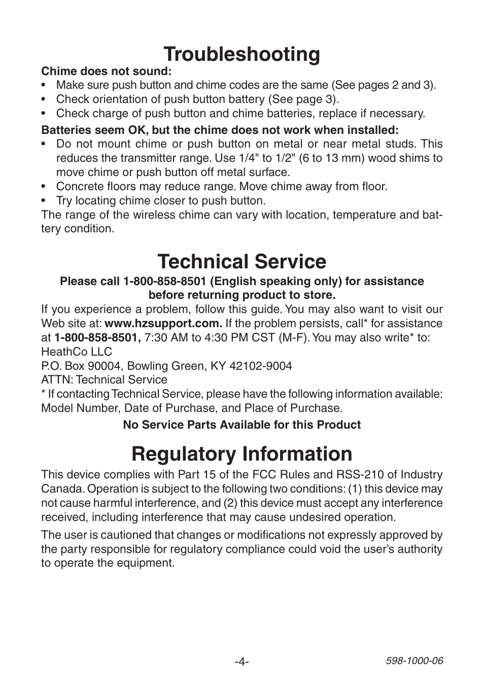 Troubleshooting, Regulatory information, Technical service | Heath Zenith SL-6250 User Manual | Page 4 / 20