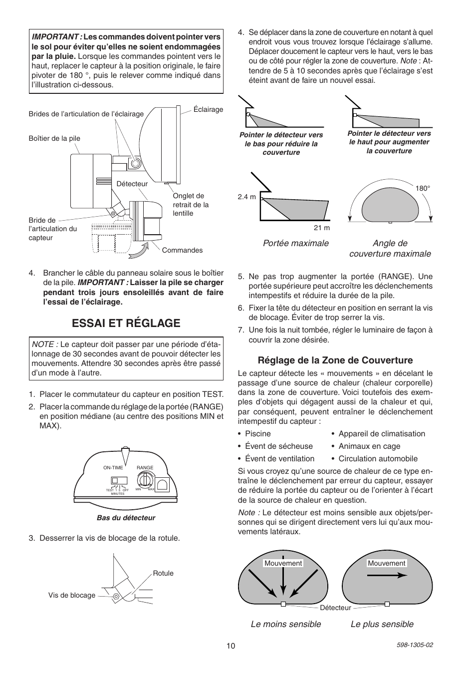 Essai et réglage, Réglage de la zone de couverture | Heath Zenith 7001 User Manual | Page 10 / 12