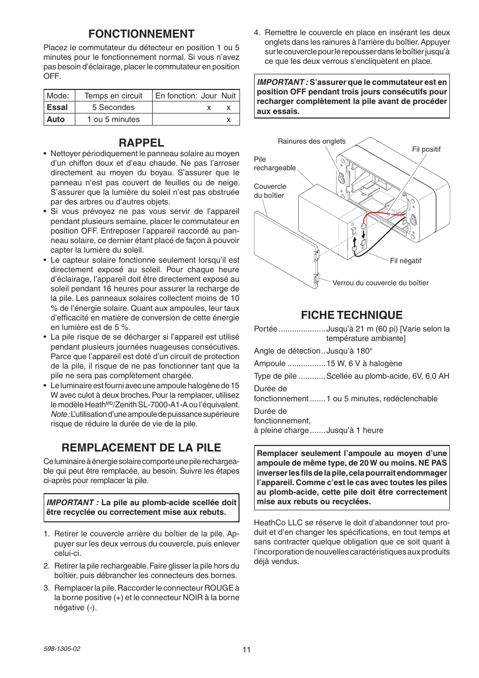 Fonctionnement, Rappel, Fiche technique | Remplacement de la pile | Heath Zenith 7001 User Manual | Page 11 / 12