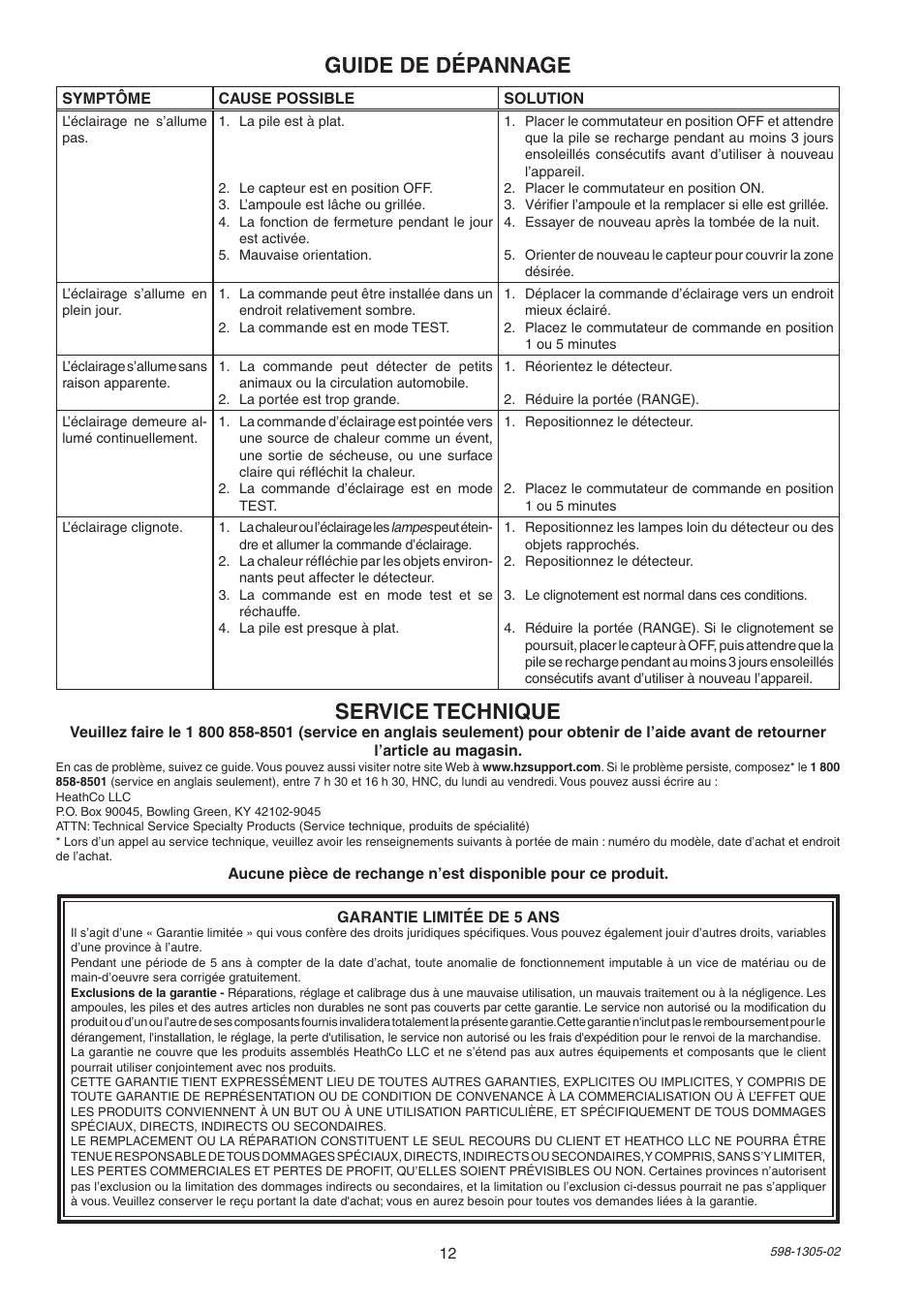 Service technique, Guide de dépannage | Heath Zenith 7001 User Manual | Page 12 / 12