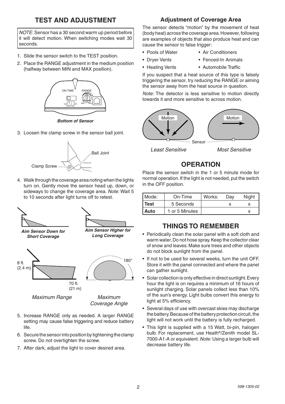 Test and adjustment, Operation, Things to remember | Adjustment of coverage area | Heath Zenith 7001 User Manual | Page 2 / 12