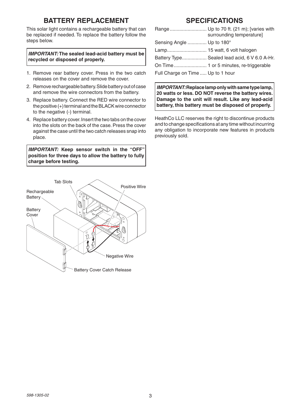Specifications, Battery replacement | Heath Zenith 7001 User Manual | Page 3 / 12