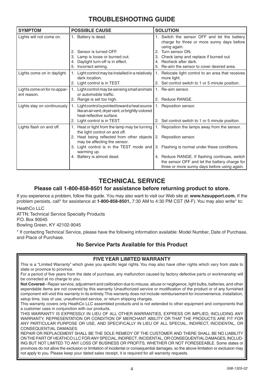 Technical service, Troubleshooting guide, No service parts available for this product | Heath Zenith 7001 User Manual | Page 4 / 12