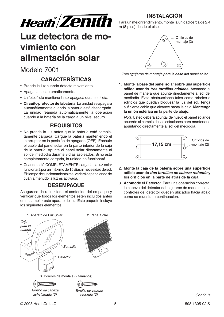 Modelo 7001, Desempaque, Instalación | Características, Requisitos | Heath Zenith 7001 User Manual | Page 5 / 12