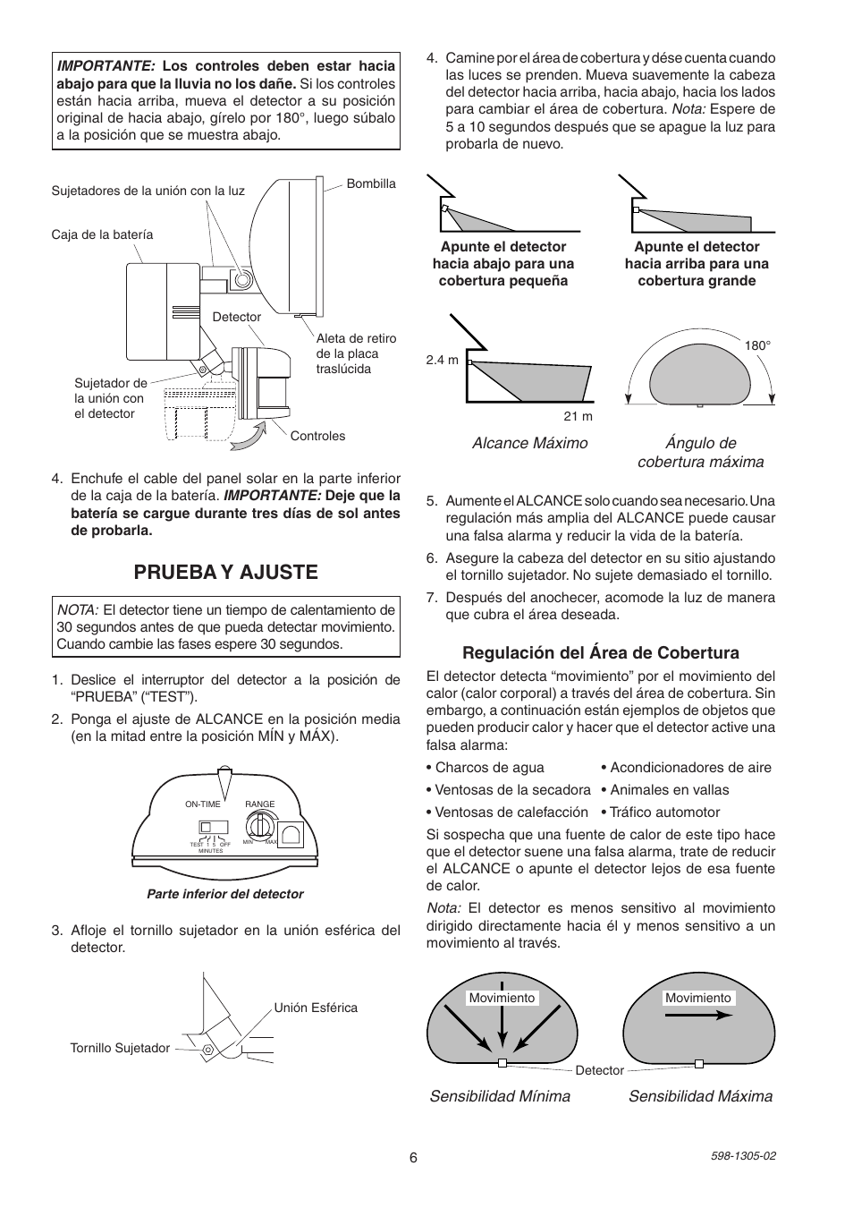 Prueba y ajuste, Regulación del área de cobertura | Heath Zenith 7001 User Manual | Page 6 / 12