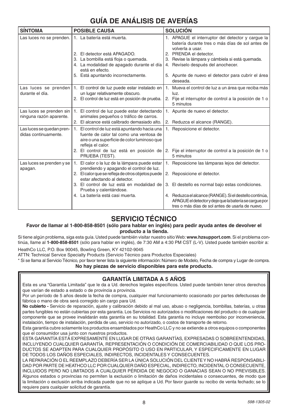 Guía de análisis de averías, Servicio técnico | Heath Zenith 7001 User Manual | Page 8 / 12