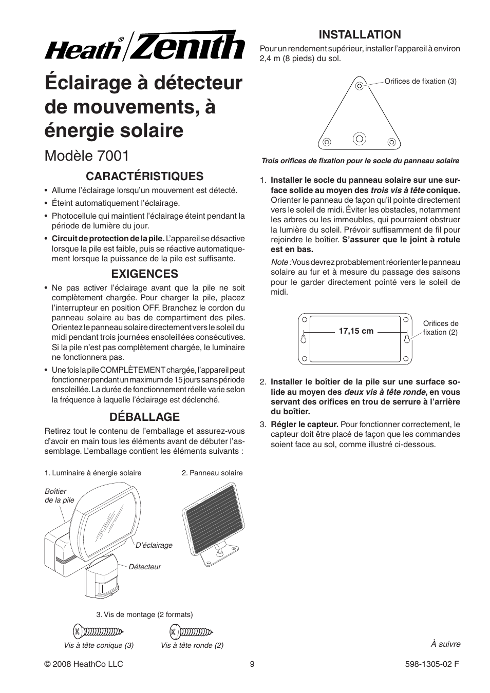 Modèle 7001, Déballage, Installation | Caractéristiques, Exigences | Heath Zenith 7001 User Manual | Page 9 / 12