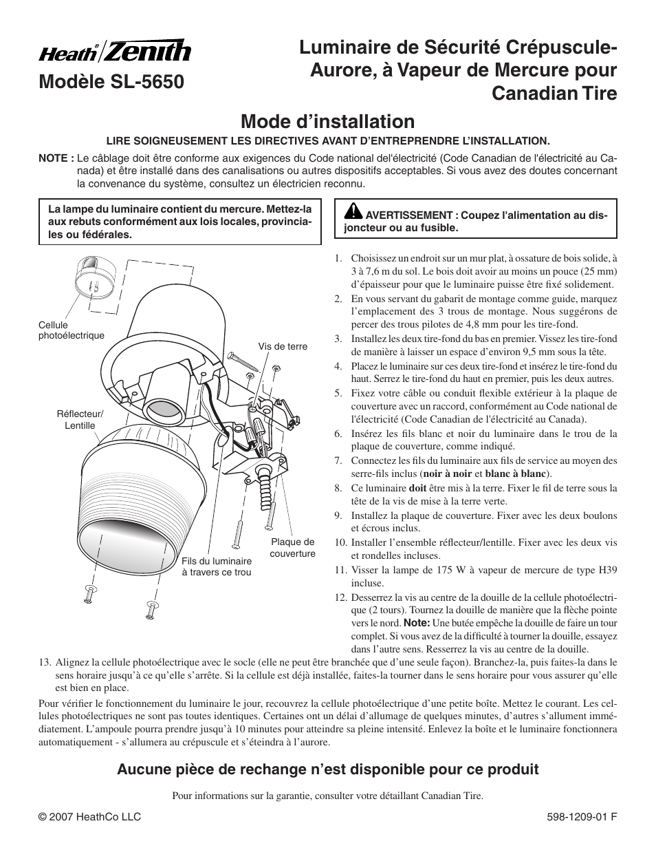 Mode d’installation | Heath Zenith SL-5650 User Manual | Page 3 / 3