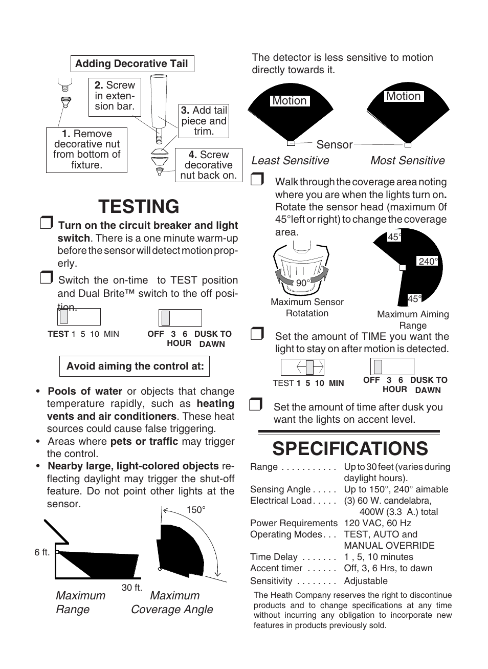 Testing, Specifications | Heath Zenith Dual Brite Motion Sensing Coach Light SL-4180/84 - A User Manual | Page 3 / 4