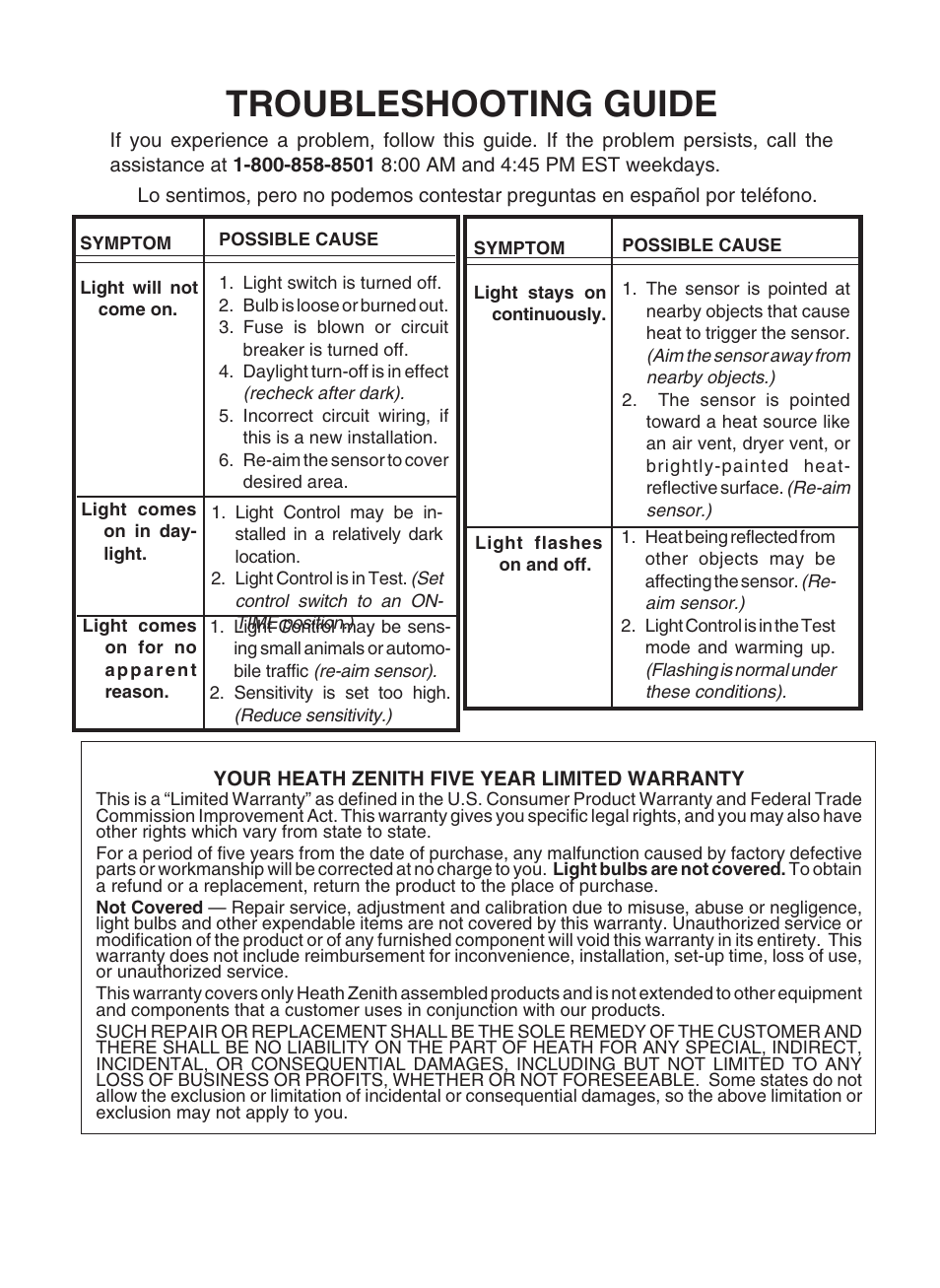 Troubleshooting guide | Heath Zenith Dual Brite Motion Sensing Coach Light SL-4180/84 - A User Manual | Page 4 / 4