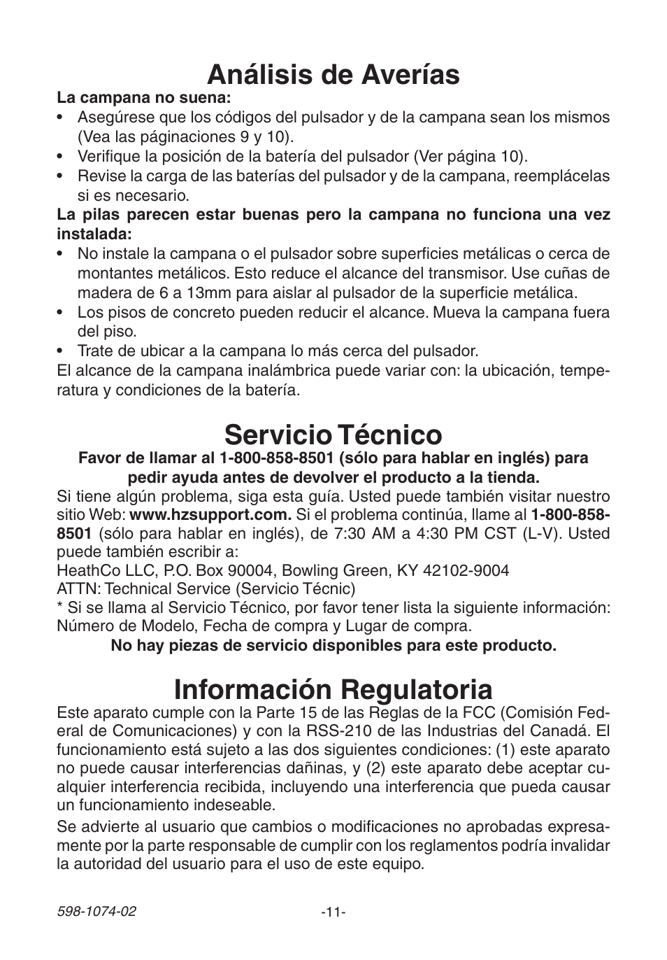Análisis de averías, Servicio técnico, Información regulatoria | Heath Zenith 3035466 (AC-6180) User Manual | Page 11 / 24