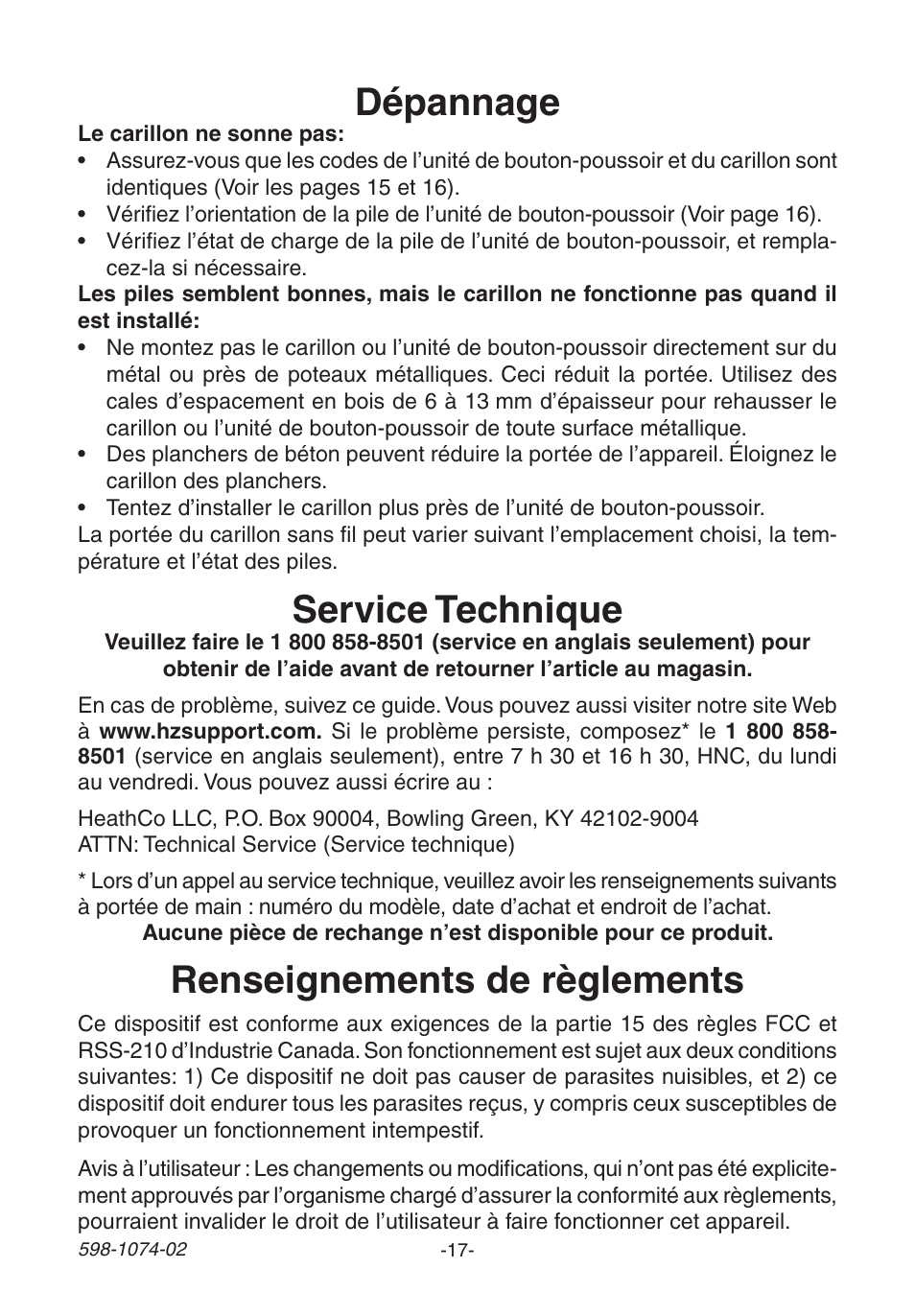 Dépannage, Service technique, Renseignements de règlements | Heath Zenith 3035466 (AC-6180) User Manual | Page 17 / 24