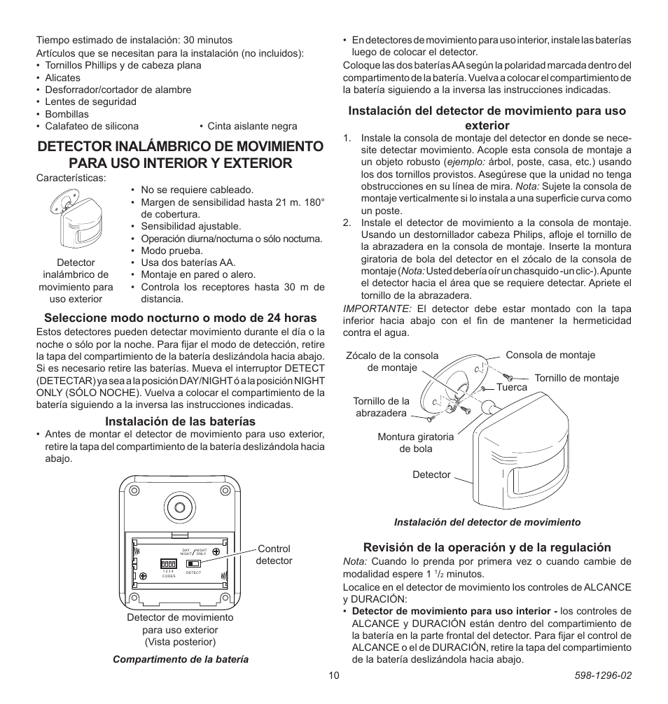 Seleccione modo nocturno o modo de 24 horas, Instalación de las baterías, Revisión de la operación y de la regulación | Heath Zenith UT-6028-BZ User Manual | Page 10 / 24