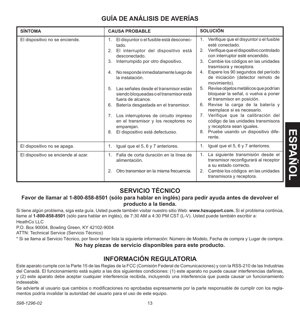 Esp a ño l, Información regulatoria, Guía de análisis de averías | Servicio técnico | Heath Zenith UT-6028-BZ User Manual | Page 13 / 24