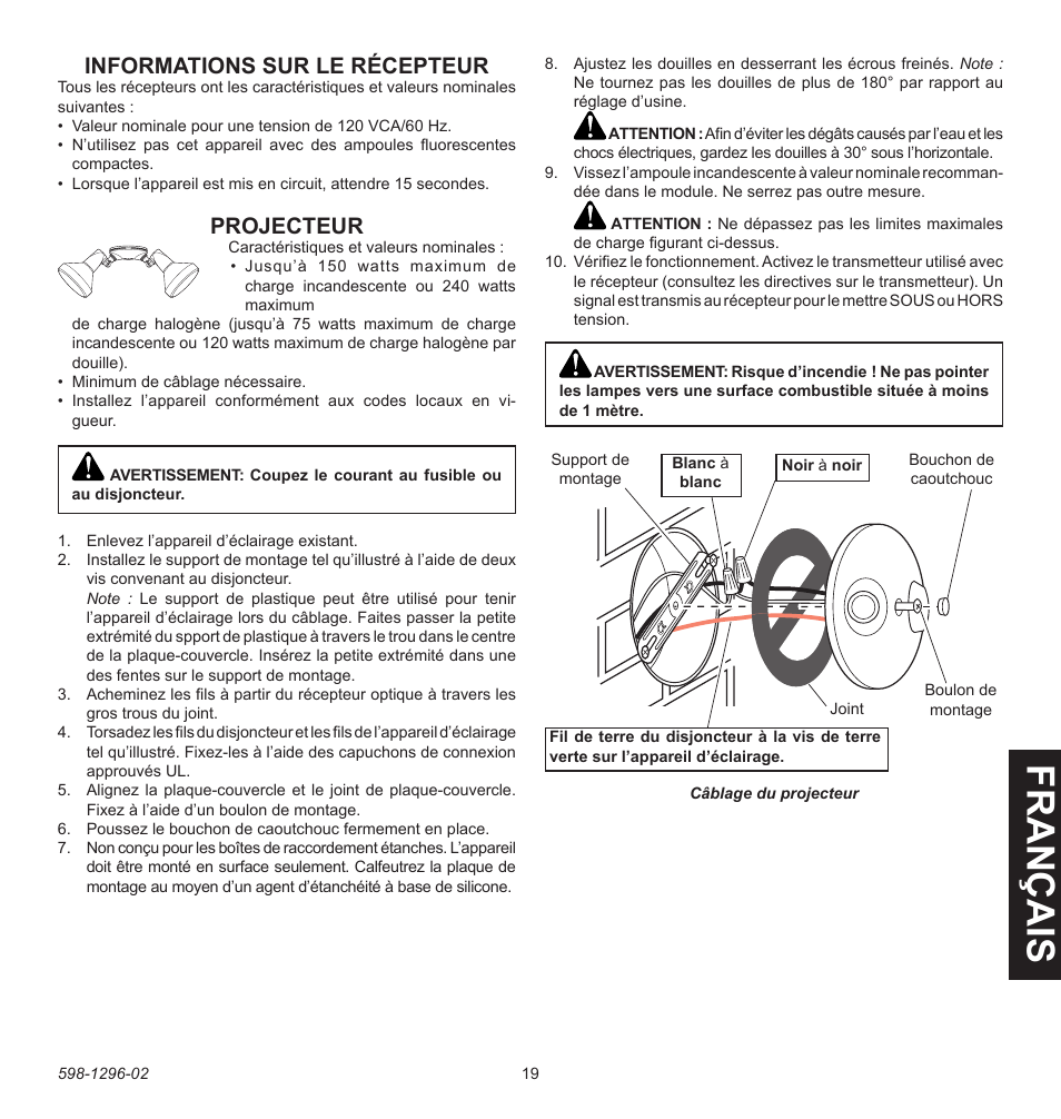 Fran ç ais, Informations sur le récepteur, Projecteur | Heath Zenith UT-6028-BZ User Manual | Page 19 / 24