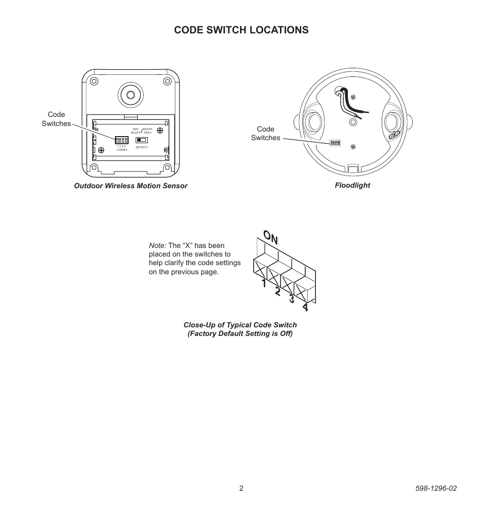 On 1 2 3 4, Code switch locations | Heath Zenith UT-6028-BZ User Manual | Page 2 / 24