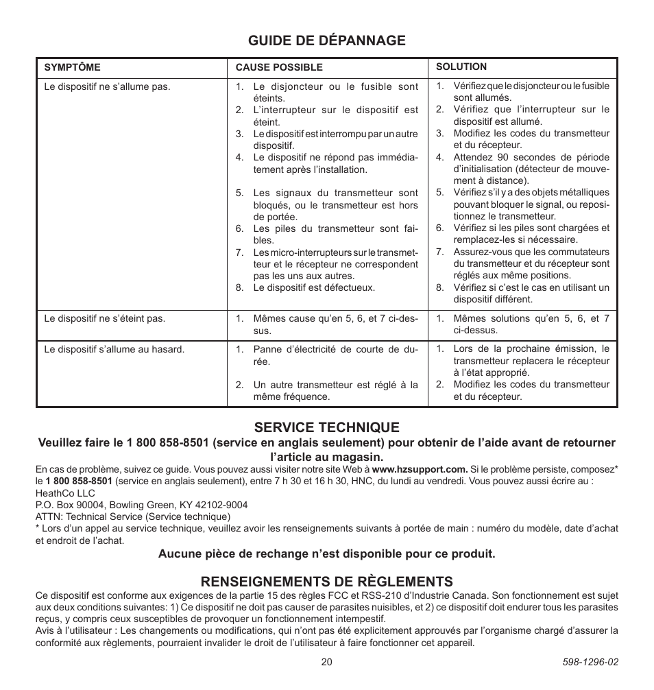 Renseignements de règlements, Guide de dépannage, Service technique | Heath Zenith UT-6028-BZ User Manual | Page 20 / 24