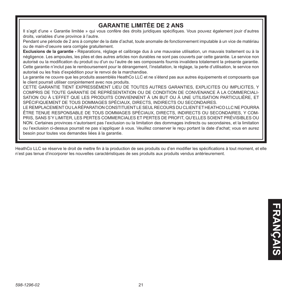 Fran ç ais | Heath Zenith UT-6028-BZ User Manual | Page 21 / 24