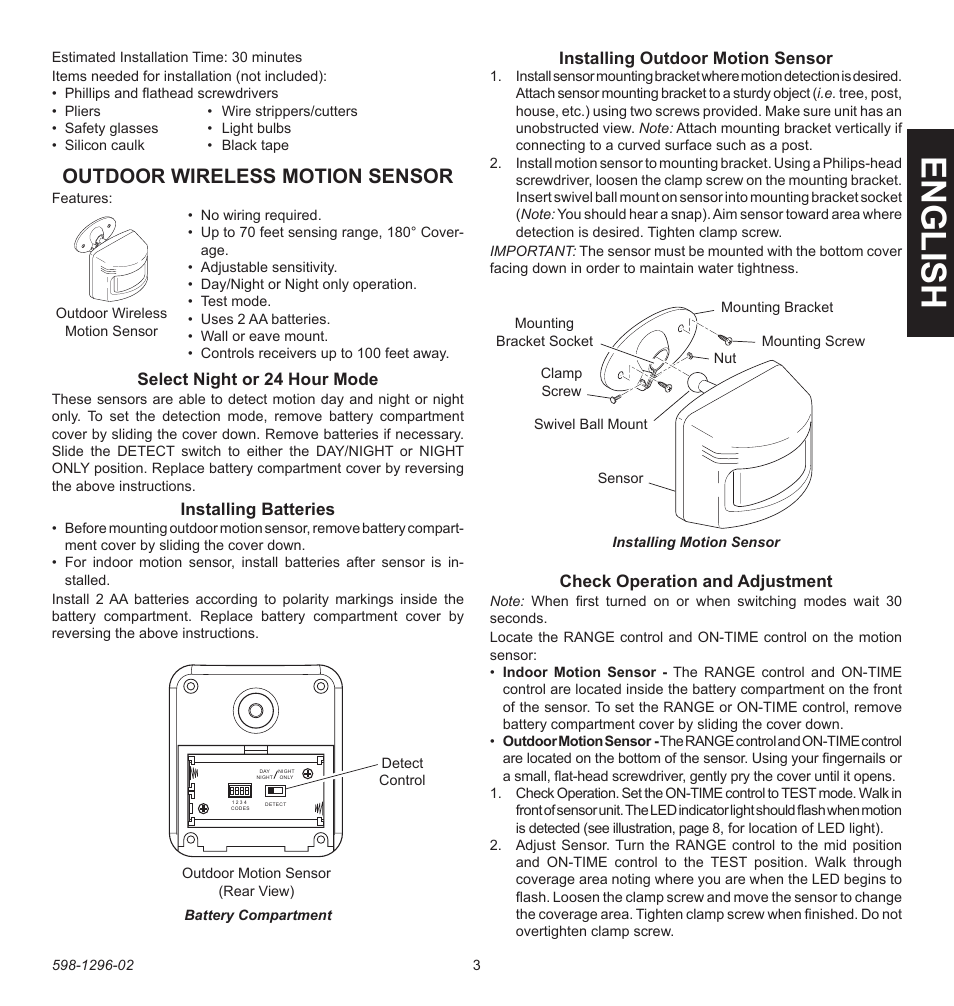 English, Outdoor wireless motion sensor, Select night or 24 hour mode | Installing batteries, Installing outdoor motion sensor, Check operation and adjustment | Heath Zenith UT-6028-BZ User Manual | Page 3 / 24
