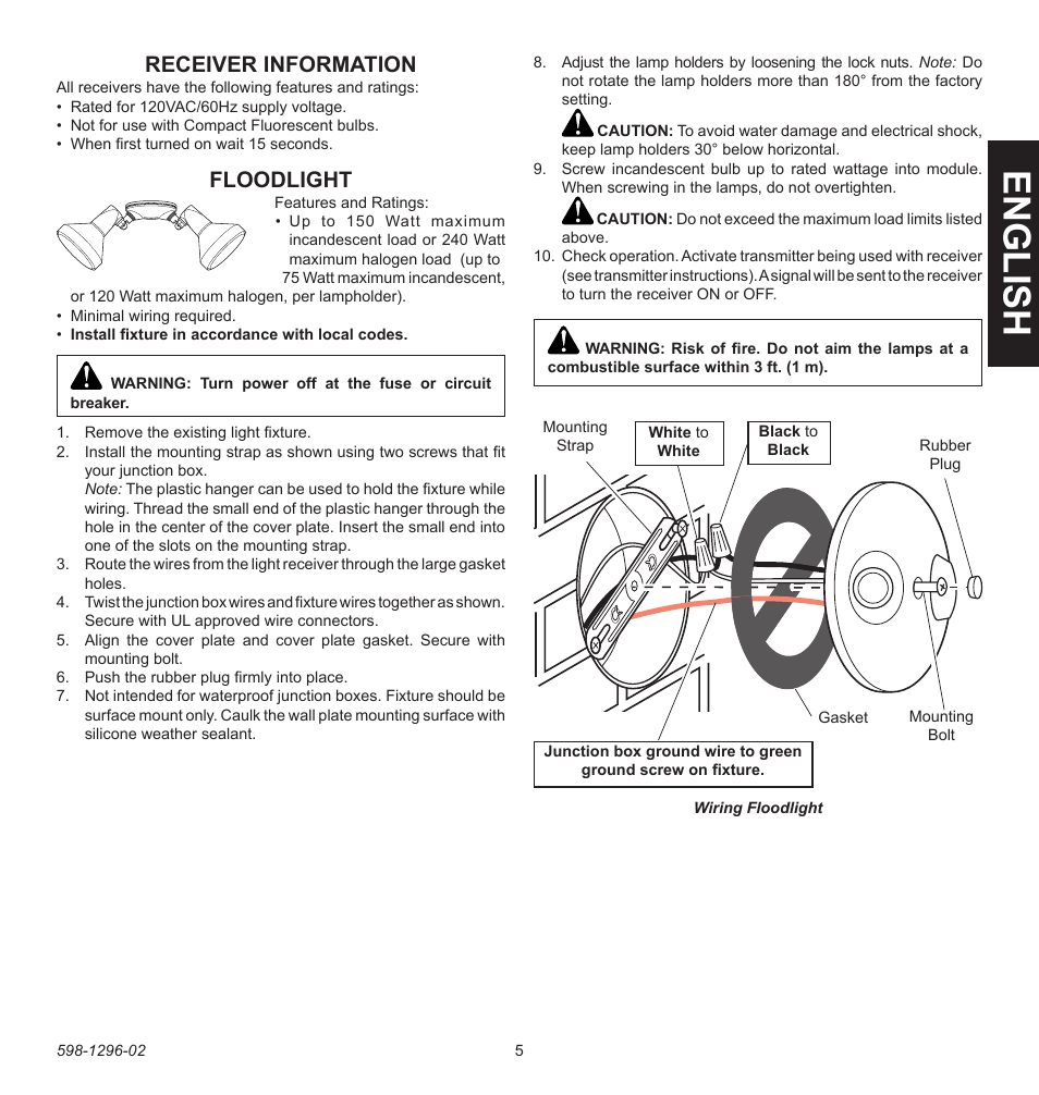 English, Receiver information, Floodlight | Heath Zenith UT-6028-BZ User Manual | Page 5 / 24