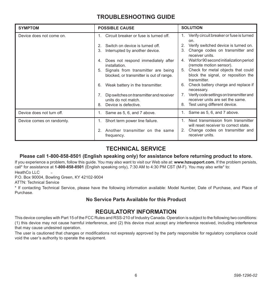 Troubleshooting guide, Regulatory information, Technical service | Heath Zenith UT-6028-BZ User Manual | Page 6 / 24