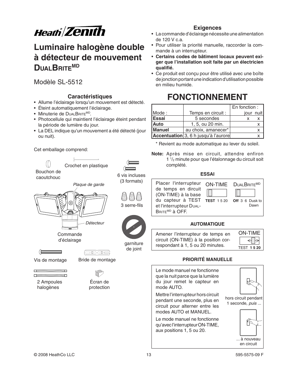 Fonctionnement, Modèle sl-5512, Rite | Heath Zenith SL-5512 User Manual | Page 13 / 20