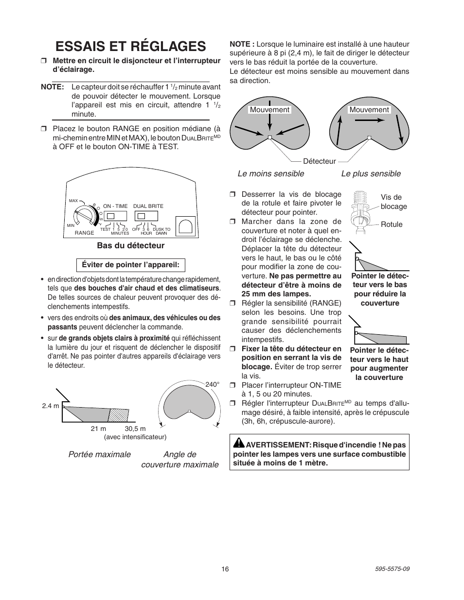 Essais et réglages | Heath Zenith SL-5512 User Manual | Page 16 / 20