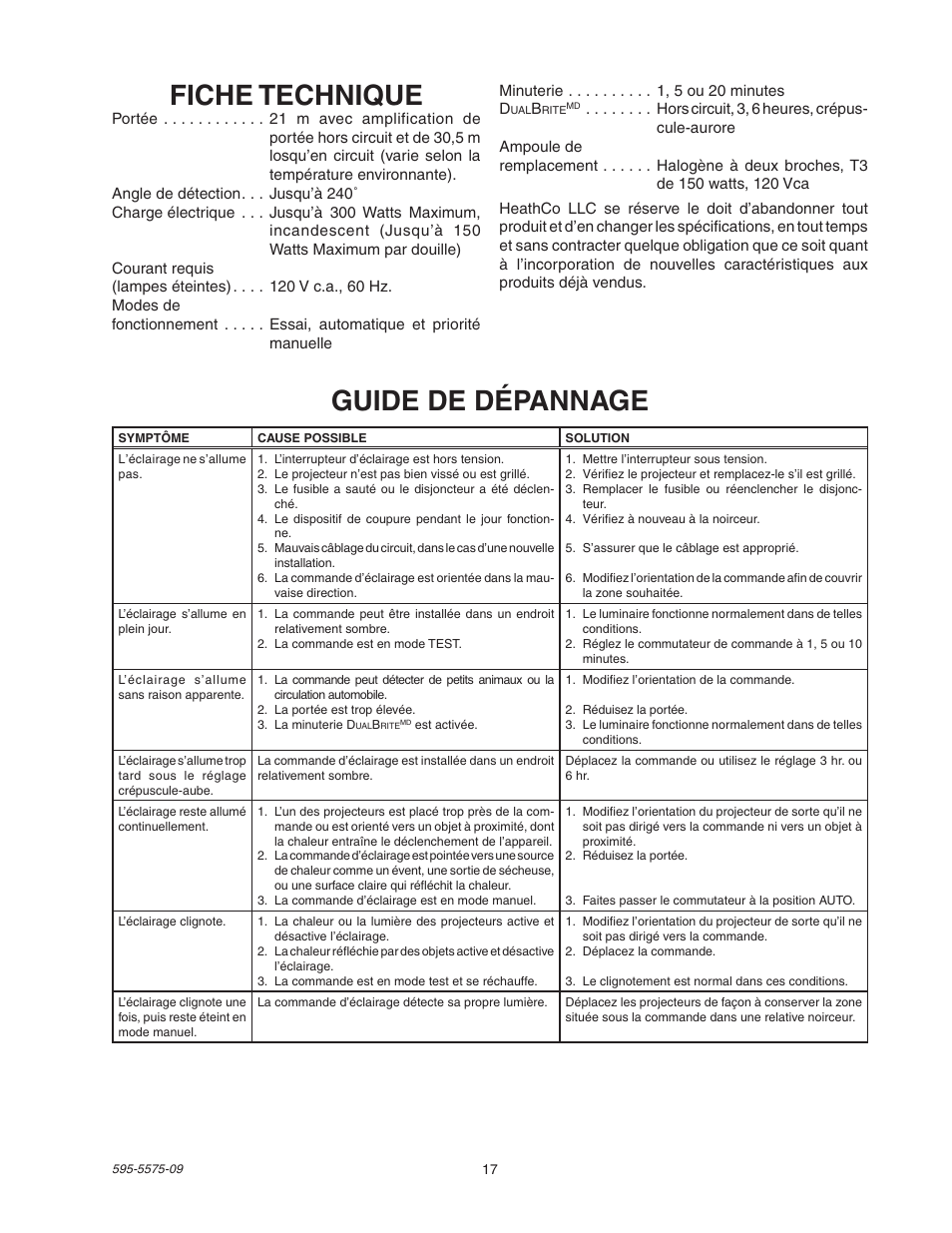 Fiche technique, Guide de dépannage | Heath Zenith SL-5512 User Manual | Page 17 / 20