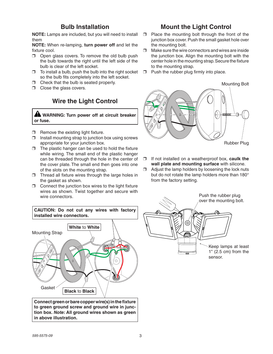 Mount the light control, Bulb installation, Wire the light control | Heath Zenith SL-5512 User Manual | Page 3 / 20