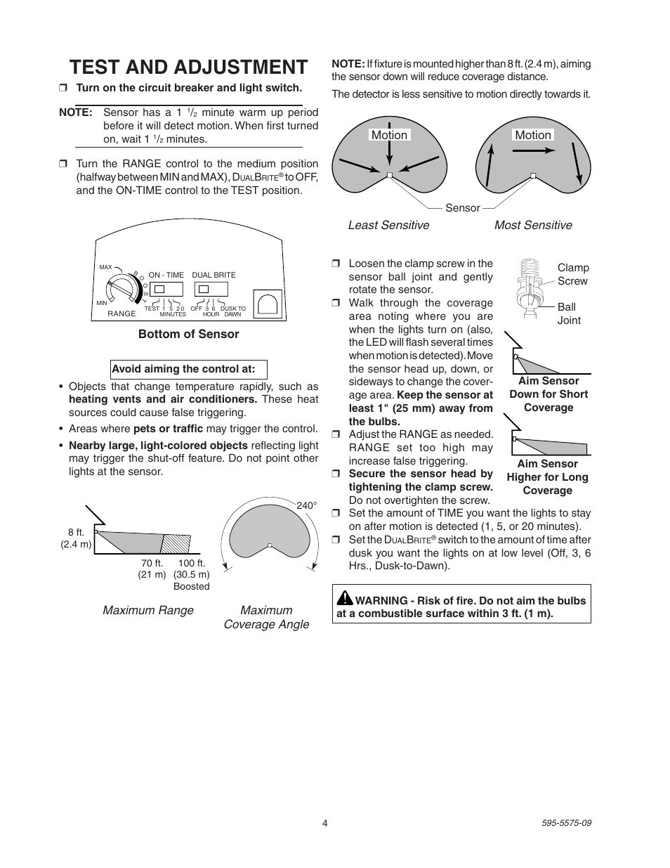 Test and adjustment | Heath Zenith SL-5512 User Manual | Page 4 / 20