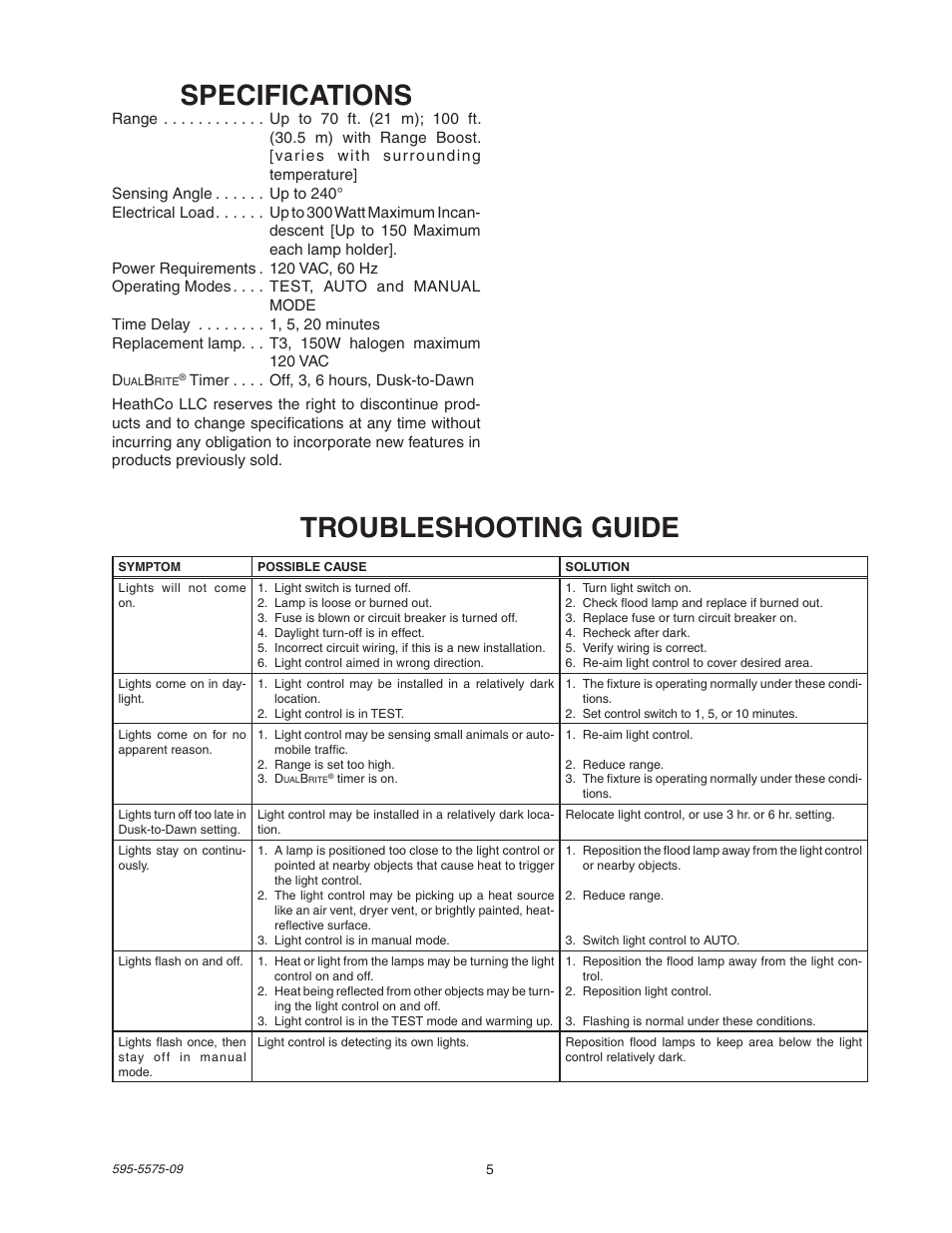 Specifications, Troubleshooting guide | Heath Zenith SL-5512 User Manual | Page 5 / 20