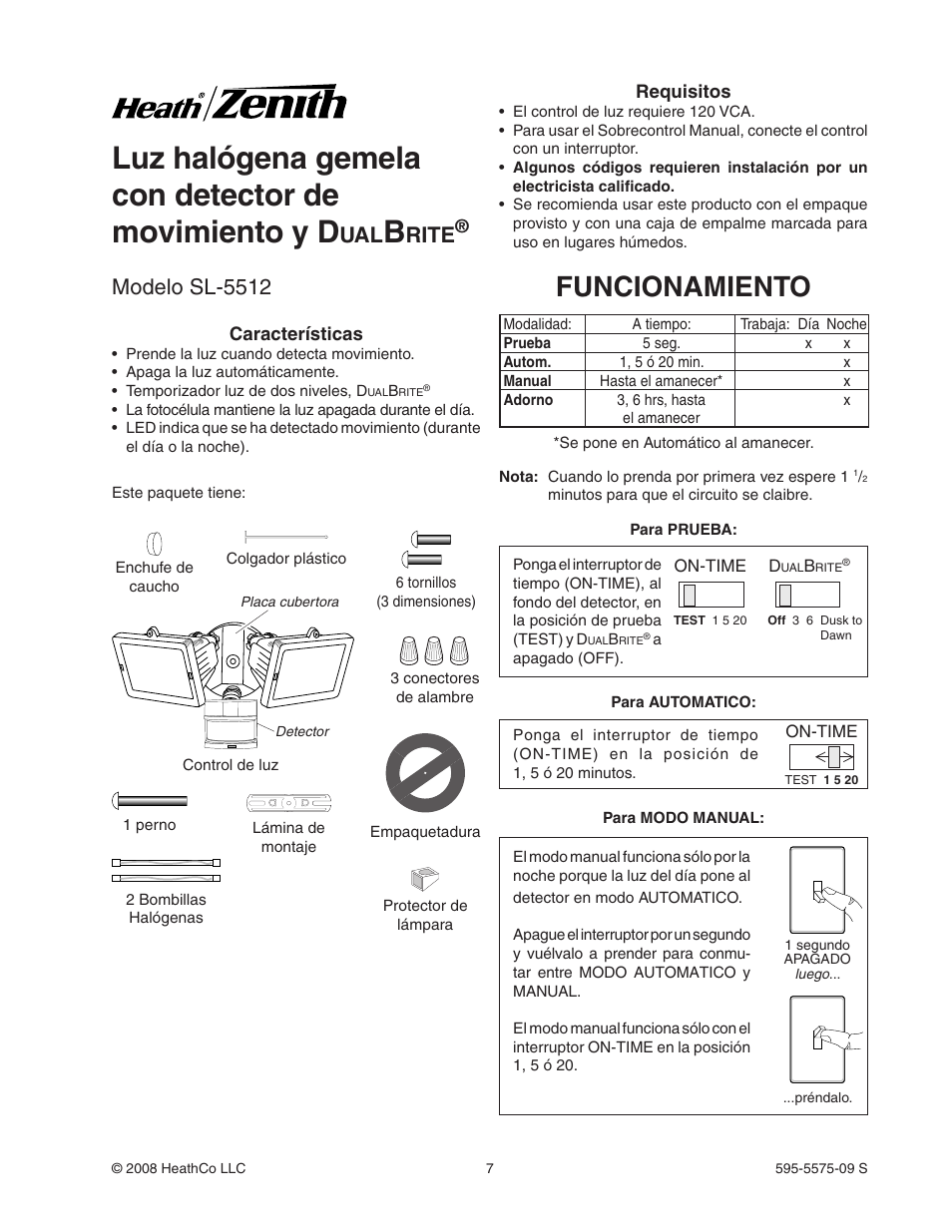 Luz halógena gemela con detector de movimiento y d, Funcionamiento, Modelo sl-5512 | Rite | Heath Zenith SL-5512 User Manual | Page 7 / 20