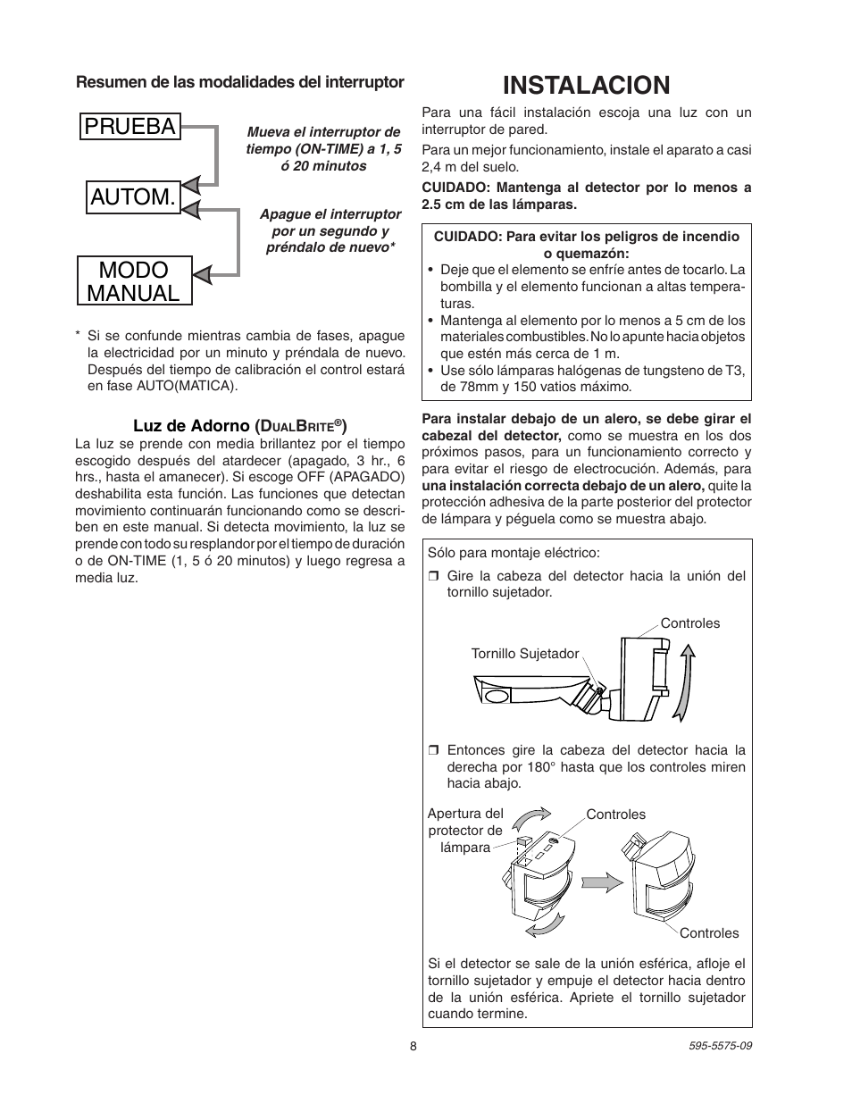 Instalacion, Prueba autom. modo manual | Heath Zenith SL-5512 User Manual | Page 8 / 20