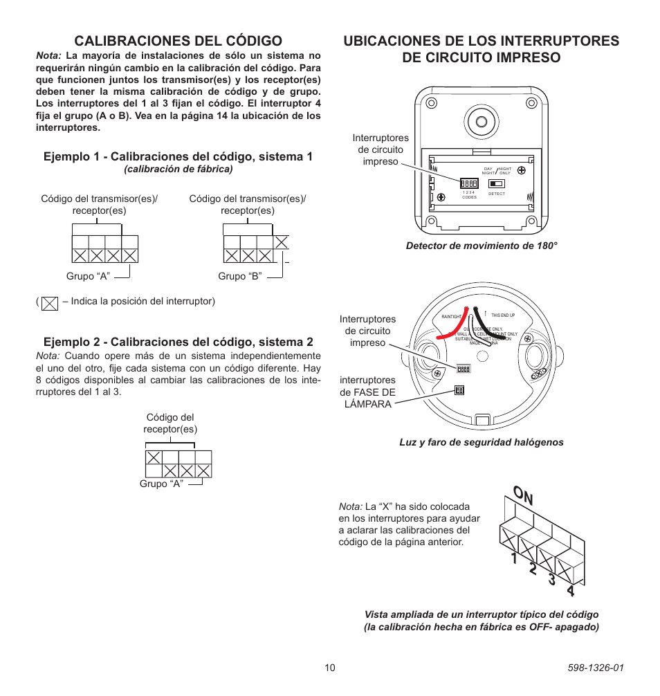 On 1 2 3 4, Calibraciones del código, Ejemplo 1 - calibraciones del código, sistema 1 | Ejemplo 2 - calibraciones del código, sistema 2 | Heath Zenith 2LBL9 User Manual | Page 10 / 24