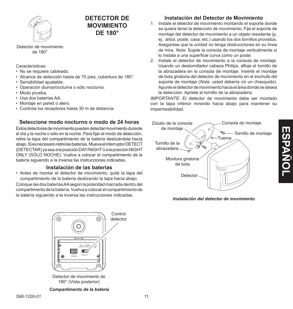 Esp añ ol, Detector de movimiento de 180 | Heath Zenith 2LBL9 User Manual | Page 11 / 24