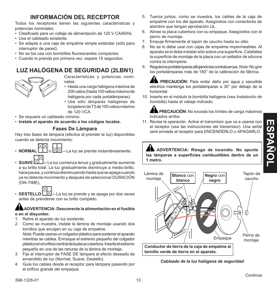 Esp añ ol, Información del receptor, Luz halógena de seguridad (2lbn1) | Heath Zenith 2LBL9 User Manual | Page 13 / 24