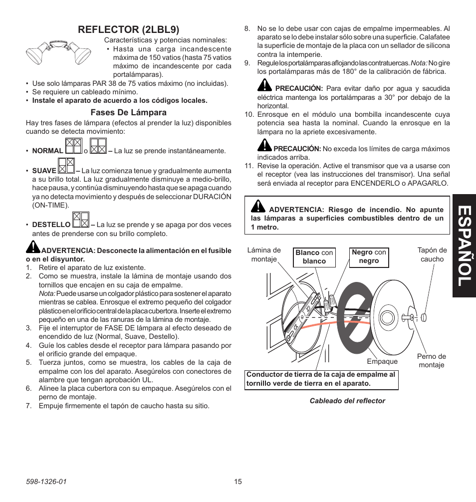 Esp añ ol, Reflector (2lbl9) | Heath Zenith 2LBL9 User Manual | Page 15 / 24
