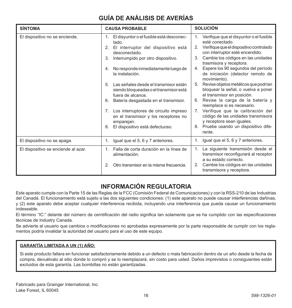 Información regulatoria, Guía de análisis de averías | Heath Zenith 2LBL9 User Manual | Page 16 / 24