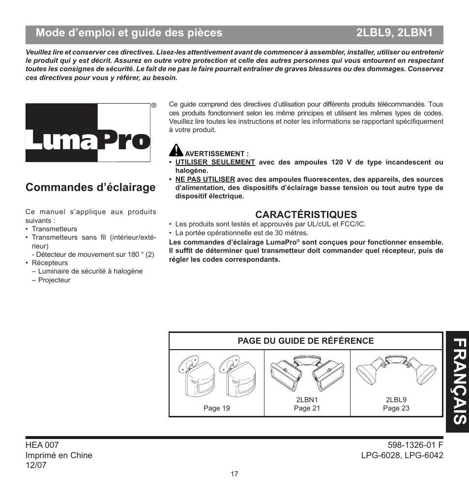 Fra n ça is, Commandes d’éclairage, Mode d’emploi et guide des pièces 2lbl9, 2lbn1 | Heath Zenith 2LBL9 User Manual | Page 17 / 24