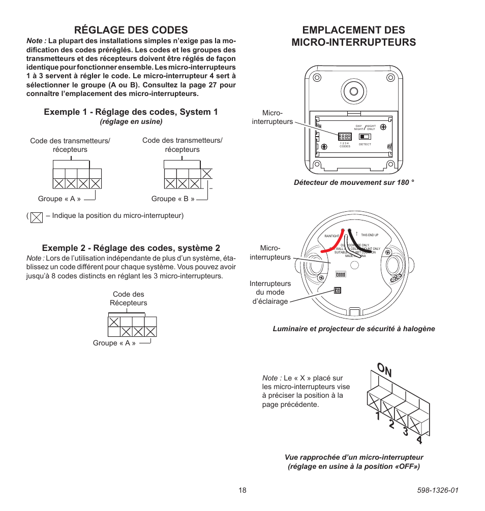 On 1 2 3 4, Réglage des codes, Emplacement des micro-interrupteurs | Exemple 1 - réglage des codes, system 1, Exemple 2 - réglage des codes, système 2 | Heath Zenith 2LBL9 User Manual | Page 18 / 24