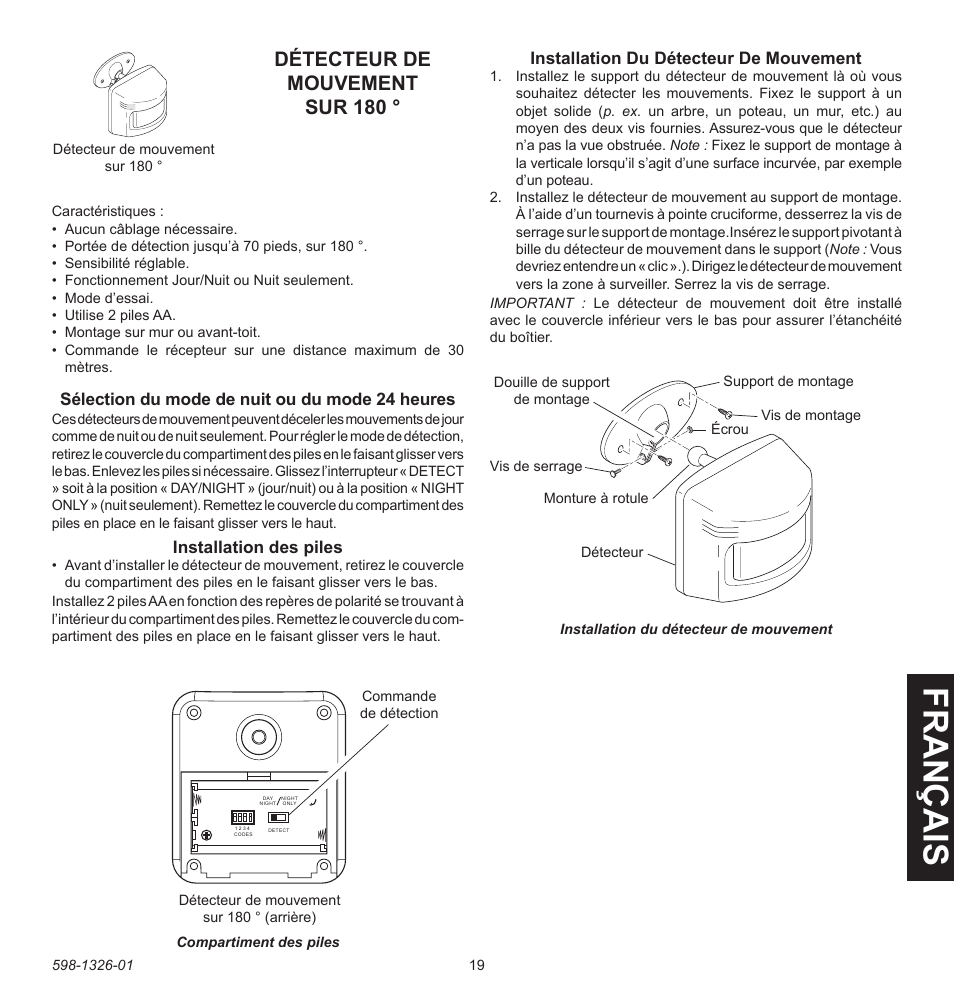Fra n ça is, Détecteur de mouvement sur 180 | Heath Zenith 2LBL9 User Manual | Page 19 / 24