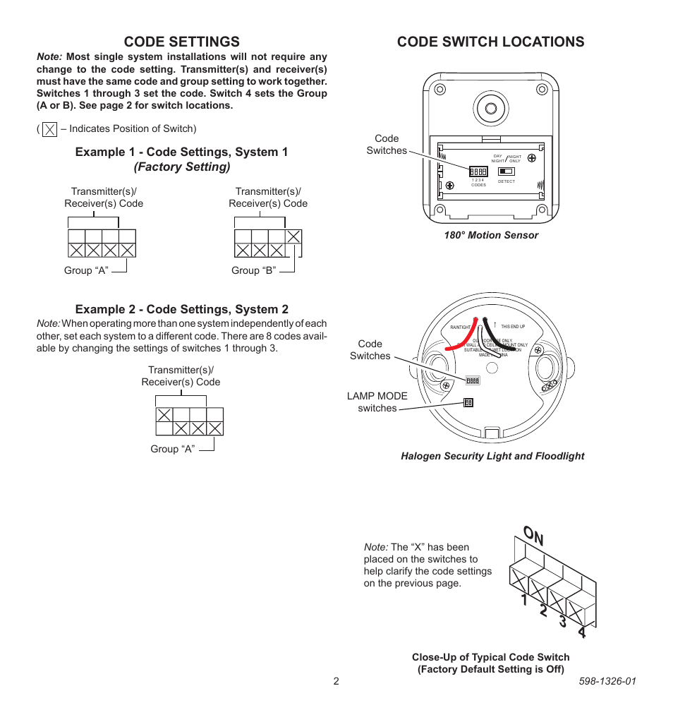 On 1 2 3 4, Code switch locations, Code settings | Example 2 - code settings, system 2 | Heath Zenith 2LBL9 User Manual | Page 2 / 24