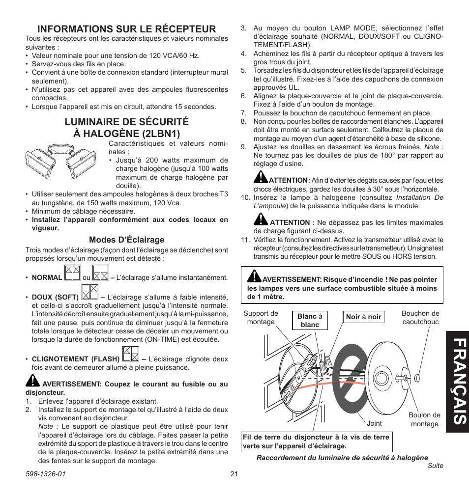 Fra n ça is, Informations sur le récepteur, Luminaire de sécurité à halogène (2lbn1) | Heath Zenith 2LBL9 User Manual | Page 21 / 24